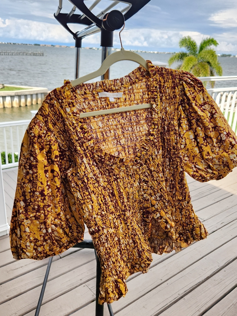 Smocked Puff-Sleeve Blouse in Mustard Brown